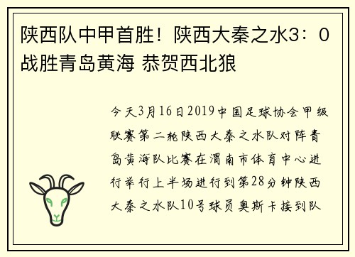 陕西队中甲首胜！陕西大秦之水3：0战胜青岛黄海 恭贺西北狼